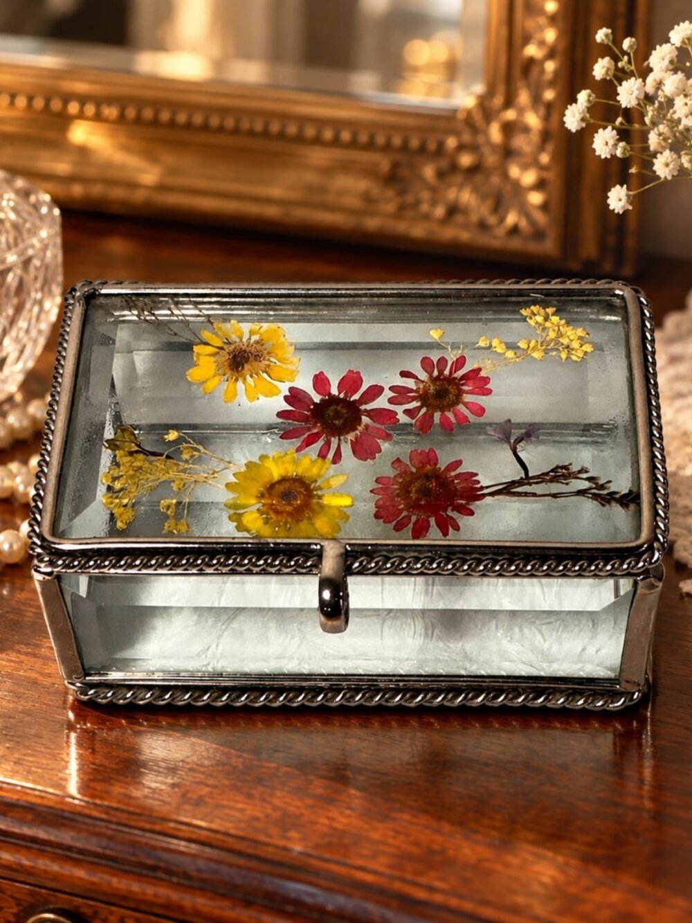 Vintage Pressed Flower Glass Trinket Box 5" x 3" Silver Tone Rope Frame